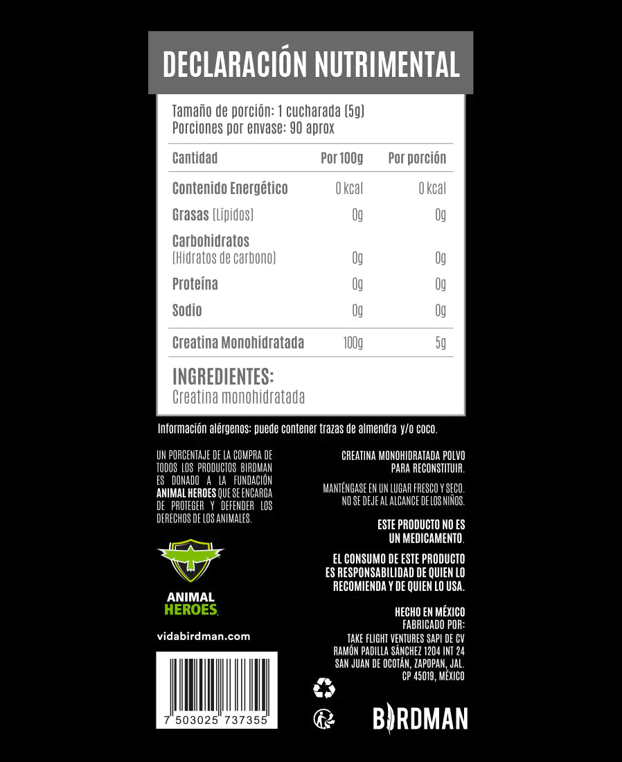 Birdman Creatina monohidratada | Creatina monohidrato 450gr 90 servicios Sin sabor