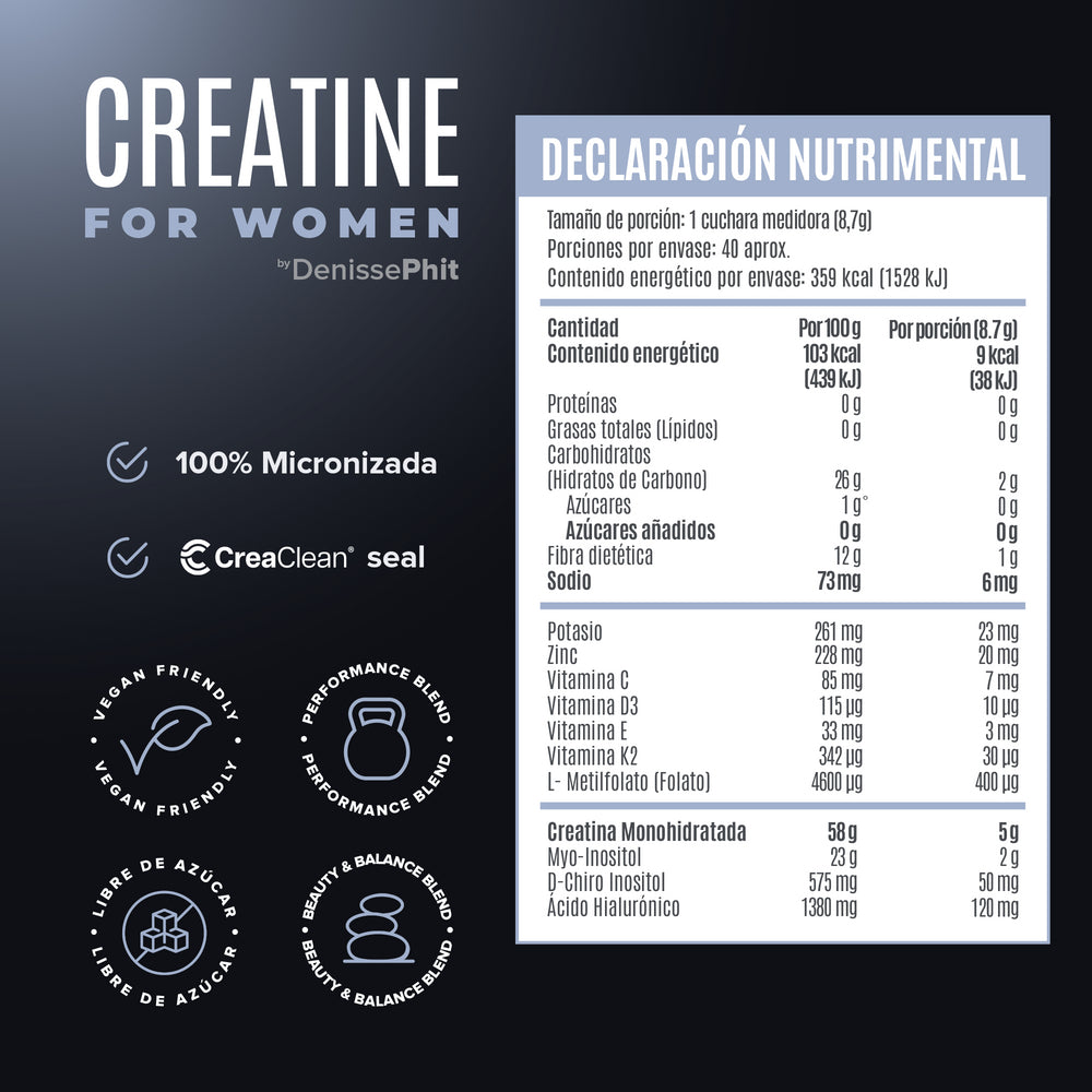 Creatine For Women | Creatina, Inositol, Ácido hialurónico y Vitaminas 40 servicios