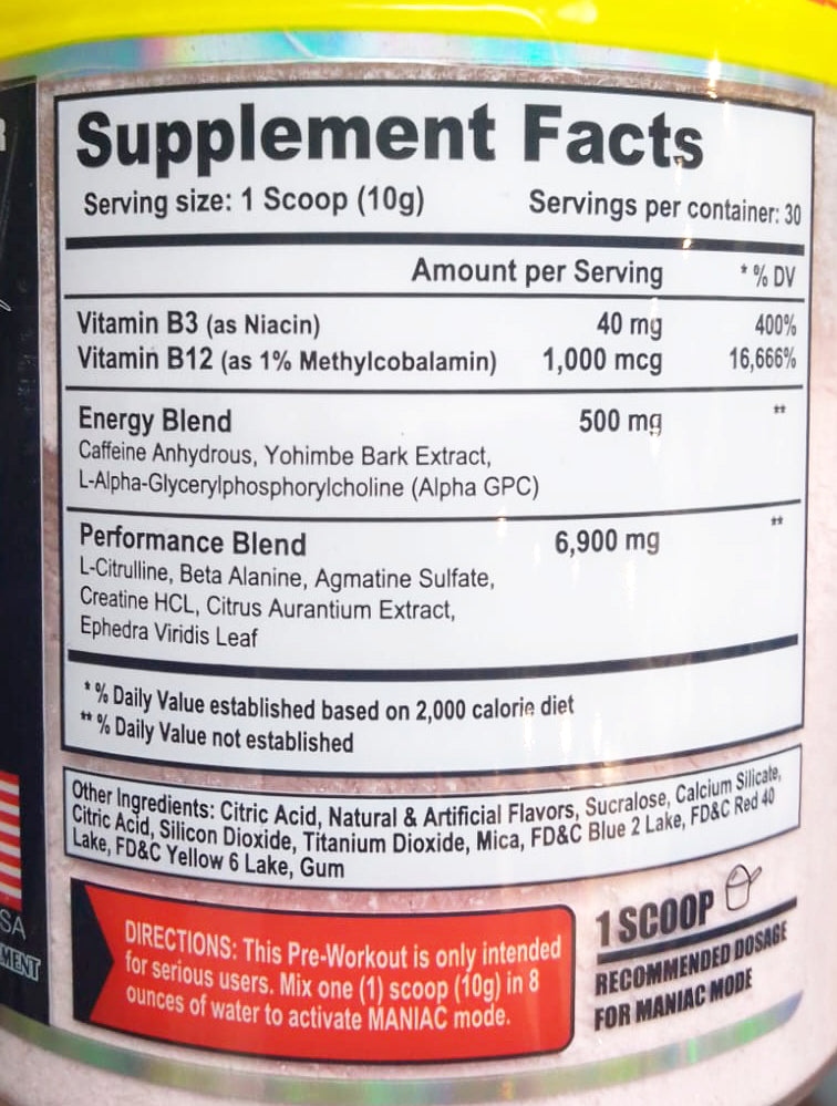 Maniac Extreme Pre-Workout 👹 | Pre-entreno con Ephedra y Sinephrina 30 servicios