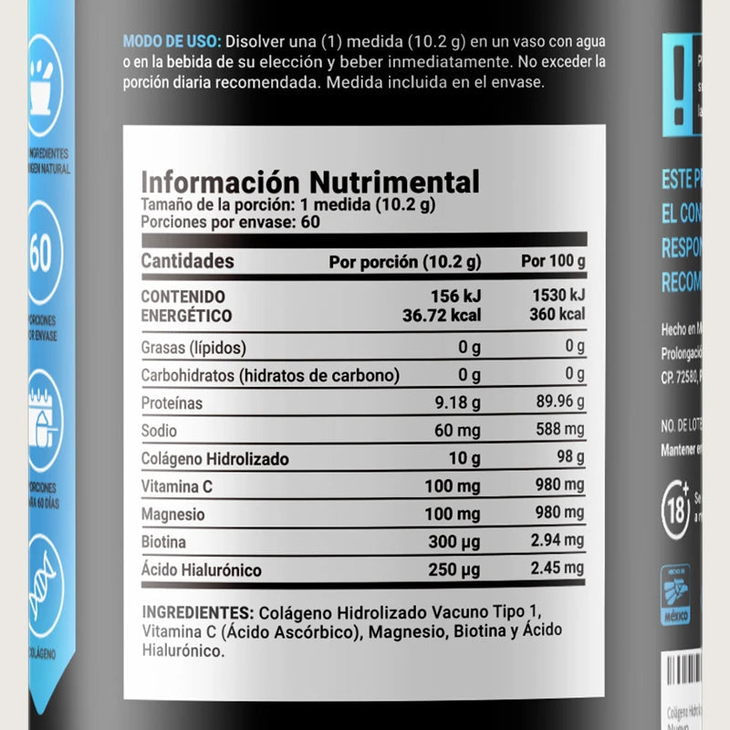 COLLAGEN POWDER BLEND | Colágeno Hidrolizado, Vitamina C, Magnesio, Biotina y Ácido Hialurónico 60 servicios