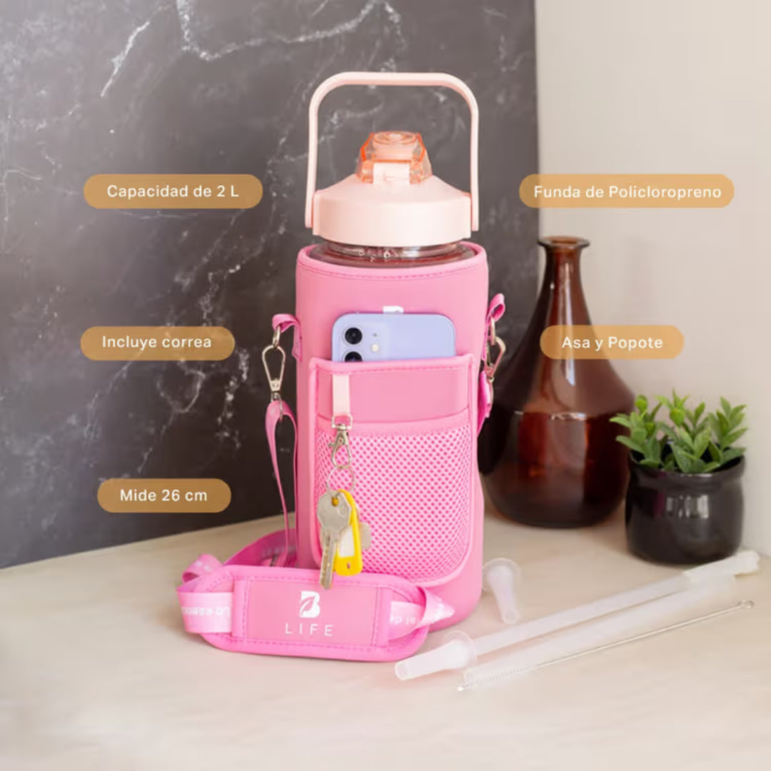 Botella motivacional | Botella de 2 litros para bebidas frías o calientes, con funda y bolsillos Varios Colores