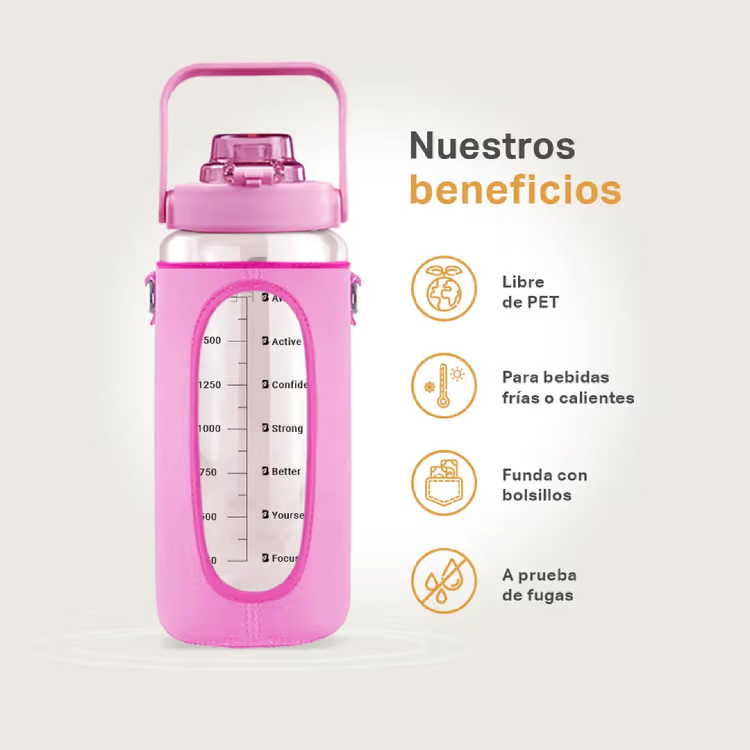 Botella motivacional | Botella de 2 litros para bebidas frías o calientes, con funda y bolsillos Varios Colores