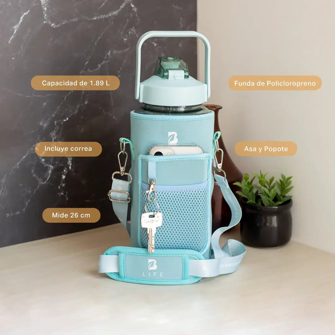 Botella motivacional | Botella de 2 litros para bebidas frías o calientes, con funda y bolsillos Varios Colores