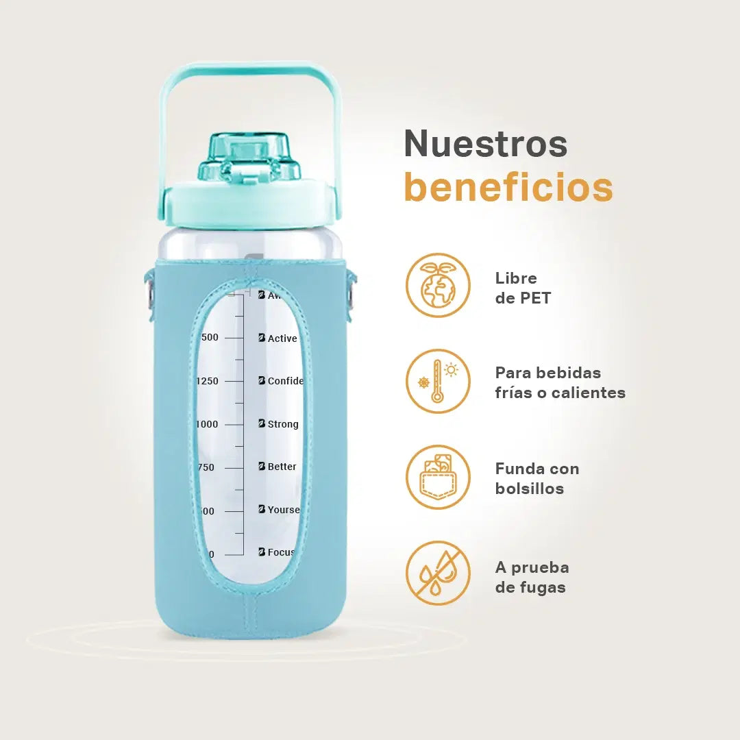 Botella motivacional | Botella de 2 litros para bebidas frías o calientes, con funda y bolsillos Varios Colores