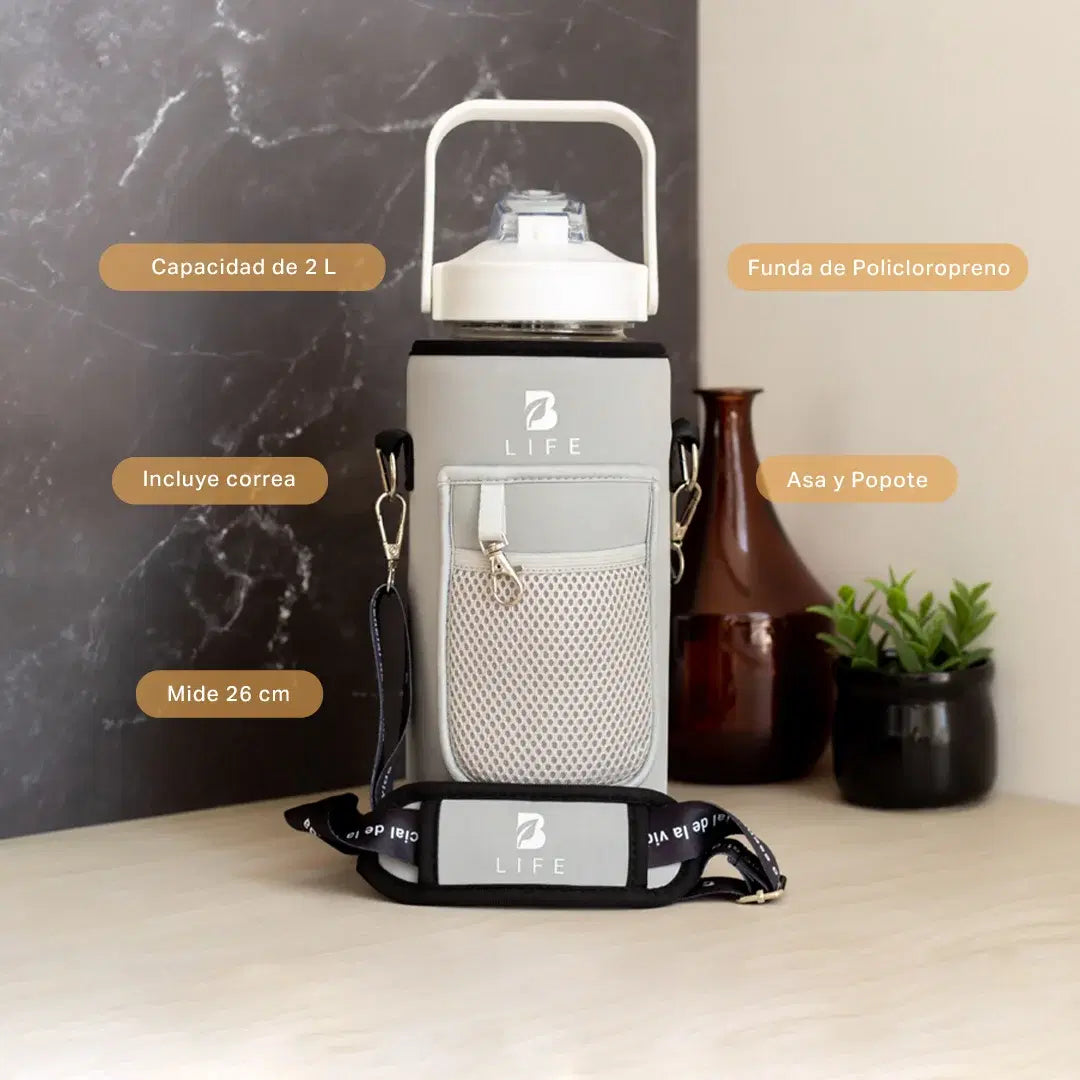 Botella motivacional | Botella de 2 litros para bebidas frías o calientes, con funda y bolsillos Varios Colores