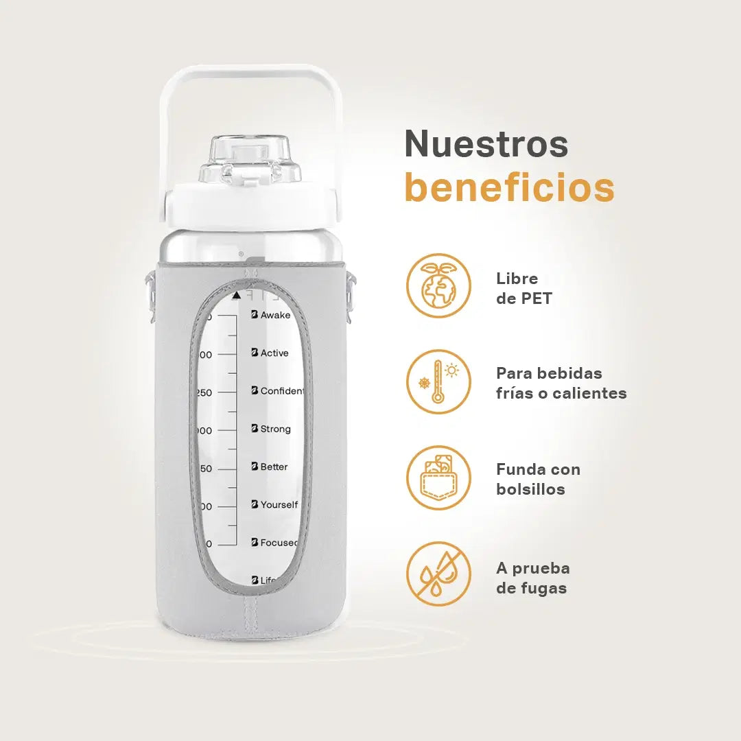 Botella motivacional | Botella de 2 litros para bebidas frías o calientes, con funda y bolsillos Varios Colores