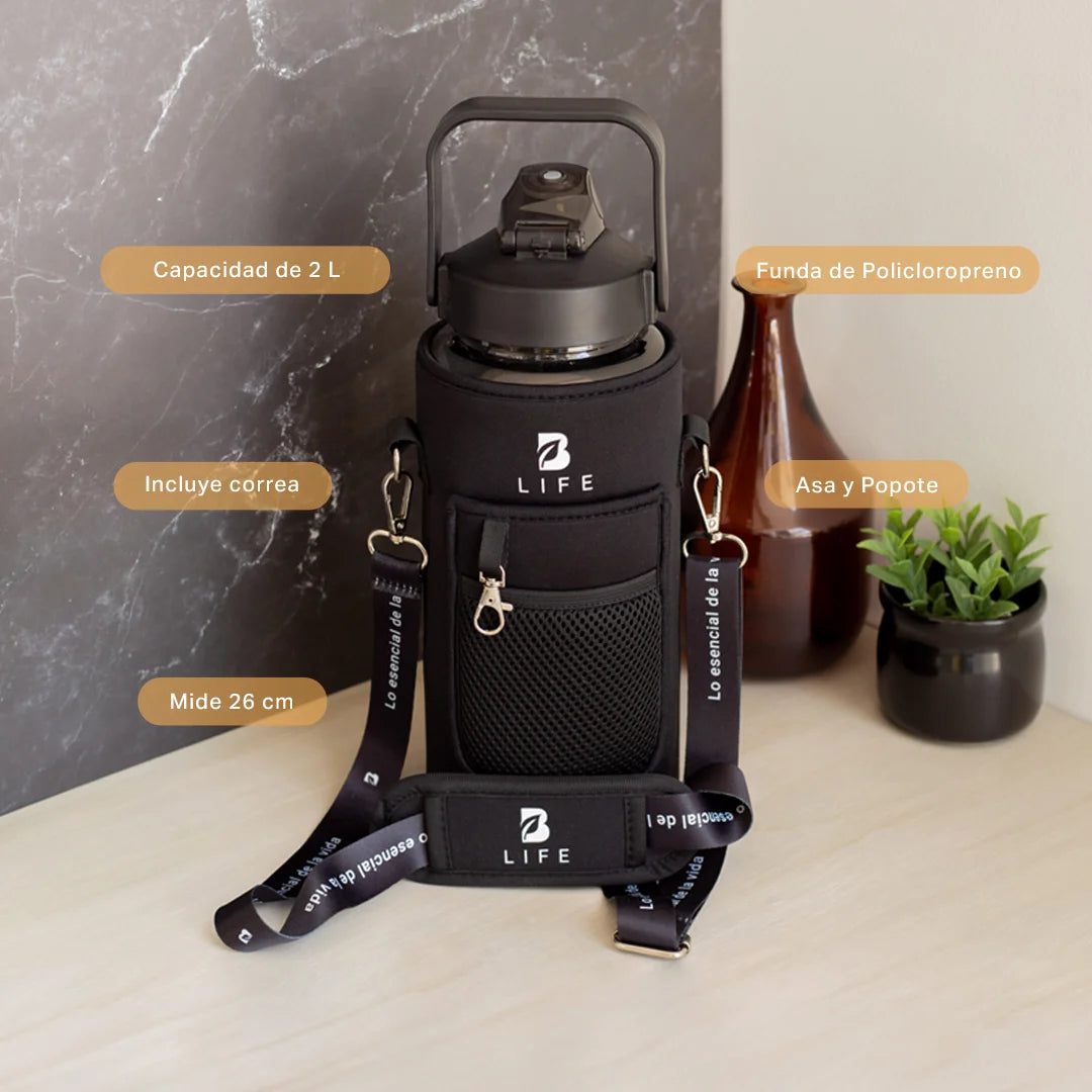 Botella motivacional | Botella de 2 litros para bebidas frías o calientes, con funda y bolsillos Varios Colores