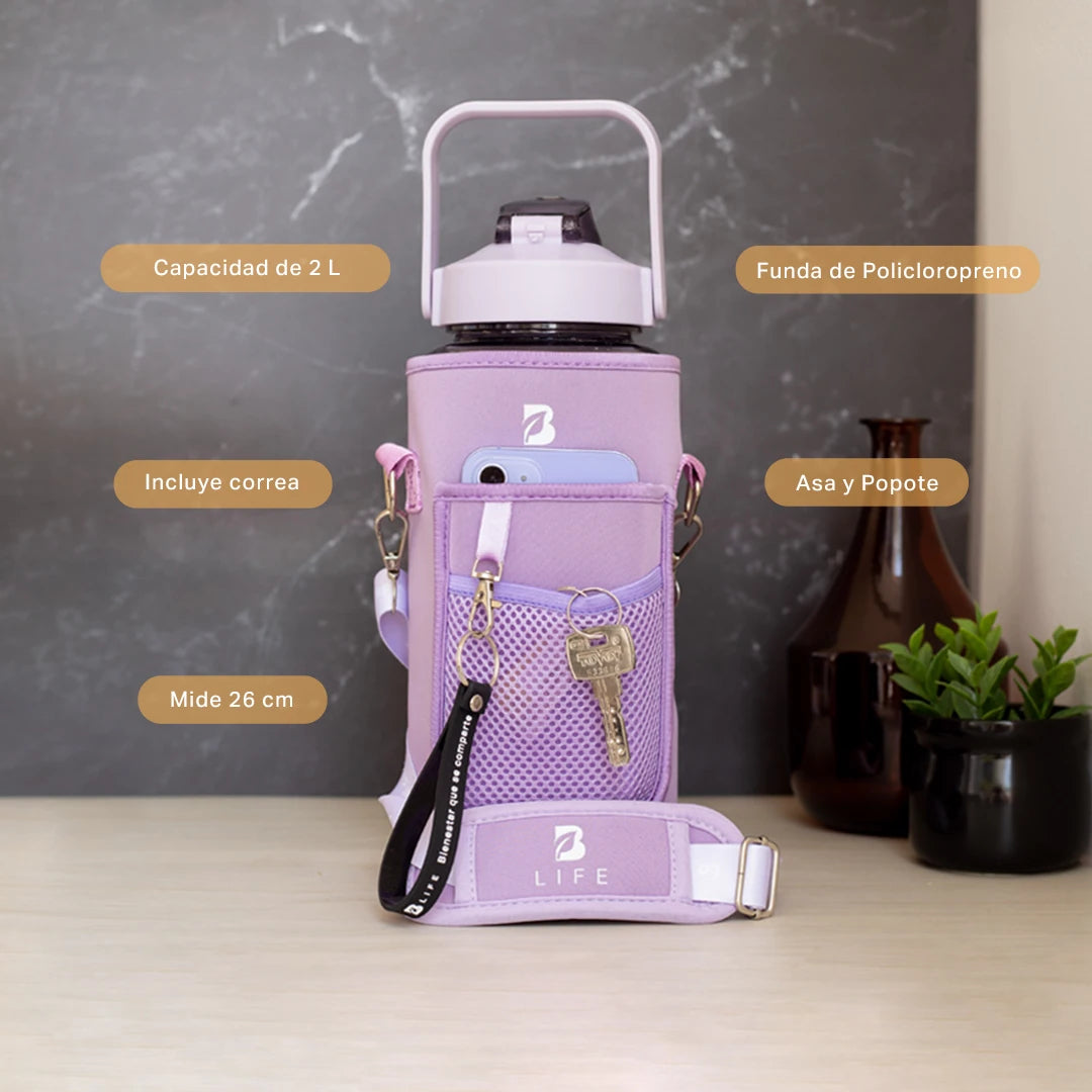 Botella motivacional | Botella de 2 litros para bebidas frías o calientes, con funda y bolsillos Varios Colores