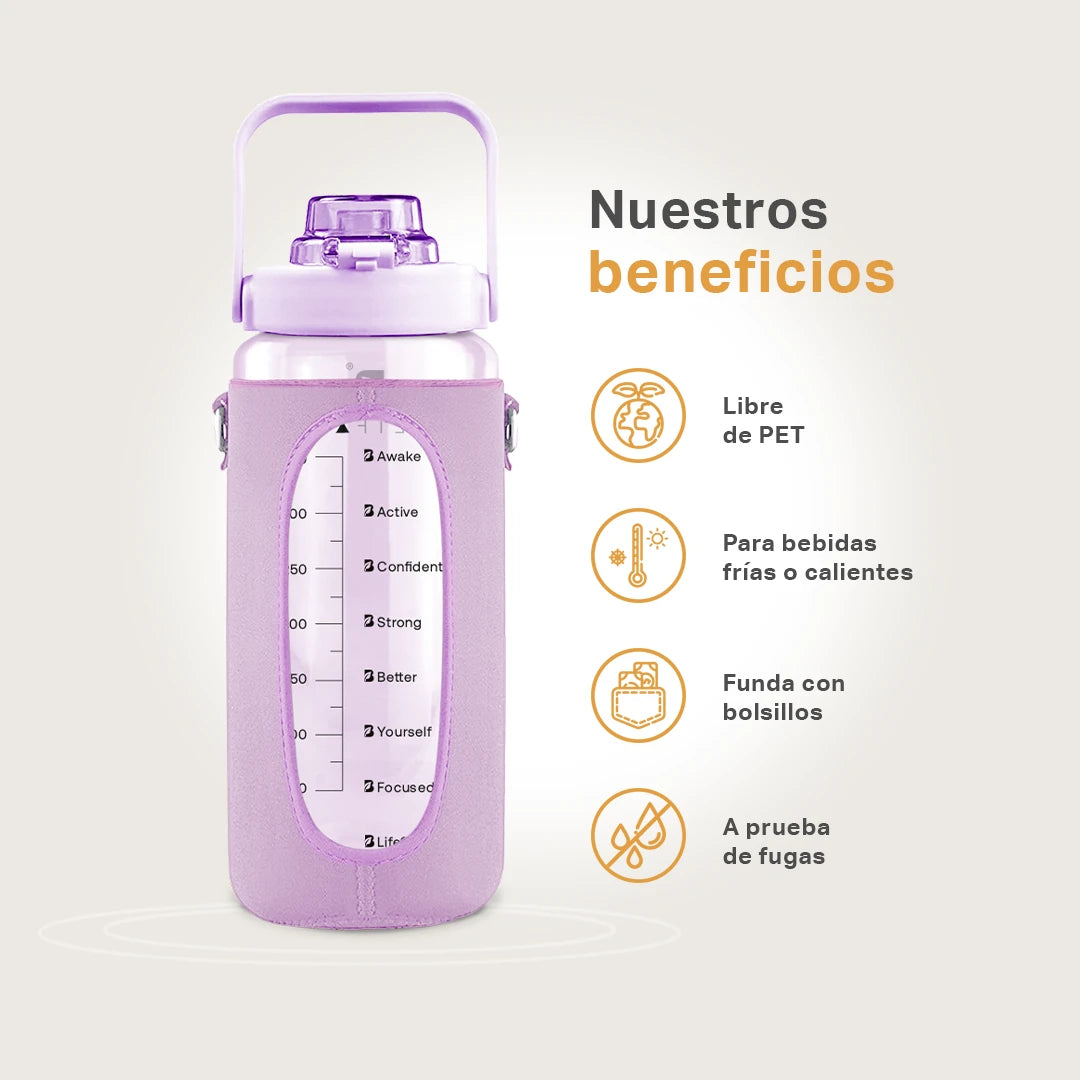 Botella motivacional | Botella de 2 litros para bebidas frías o calientes, con funda y bolsillos Varios Colores