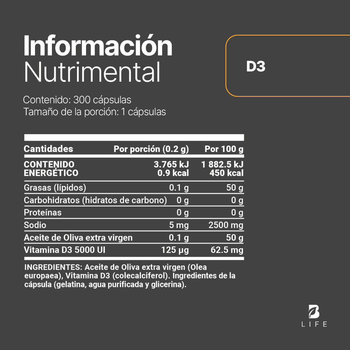 D3 | Vitamina D3 125mcg (5,000ui) 300 cápsulas